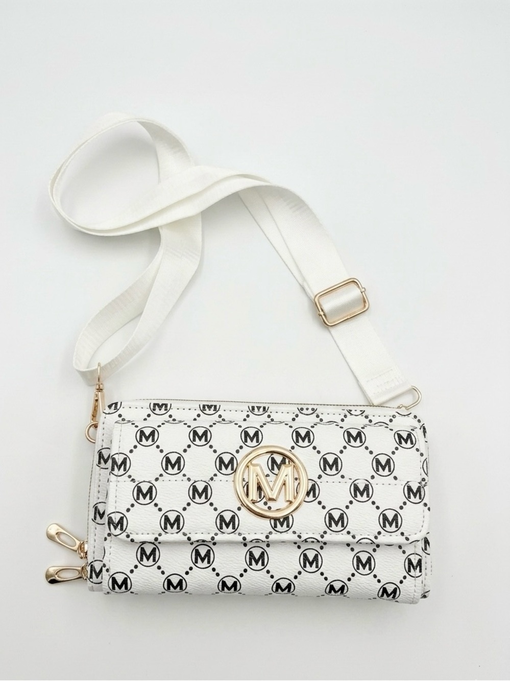 White Crossbody Wallet with Gold Emblem
